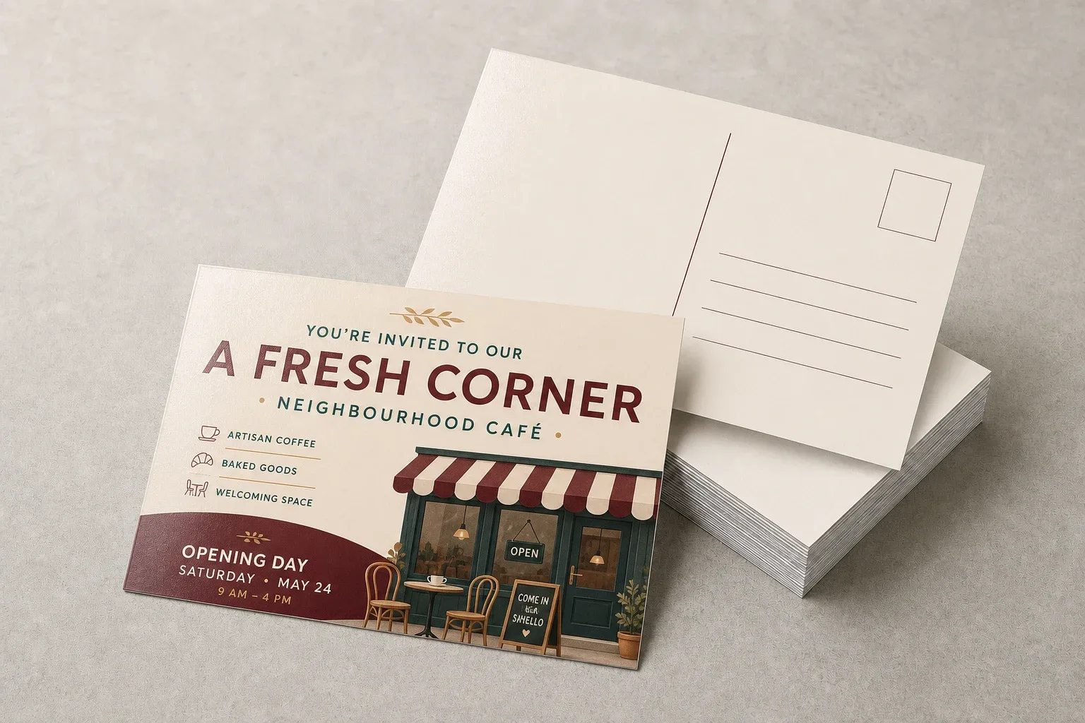 Semi-gloss postcards with a neighbourhood cafe design