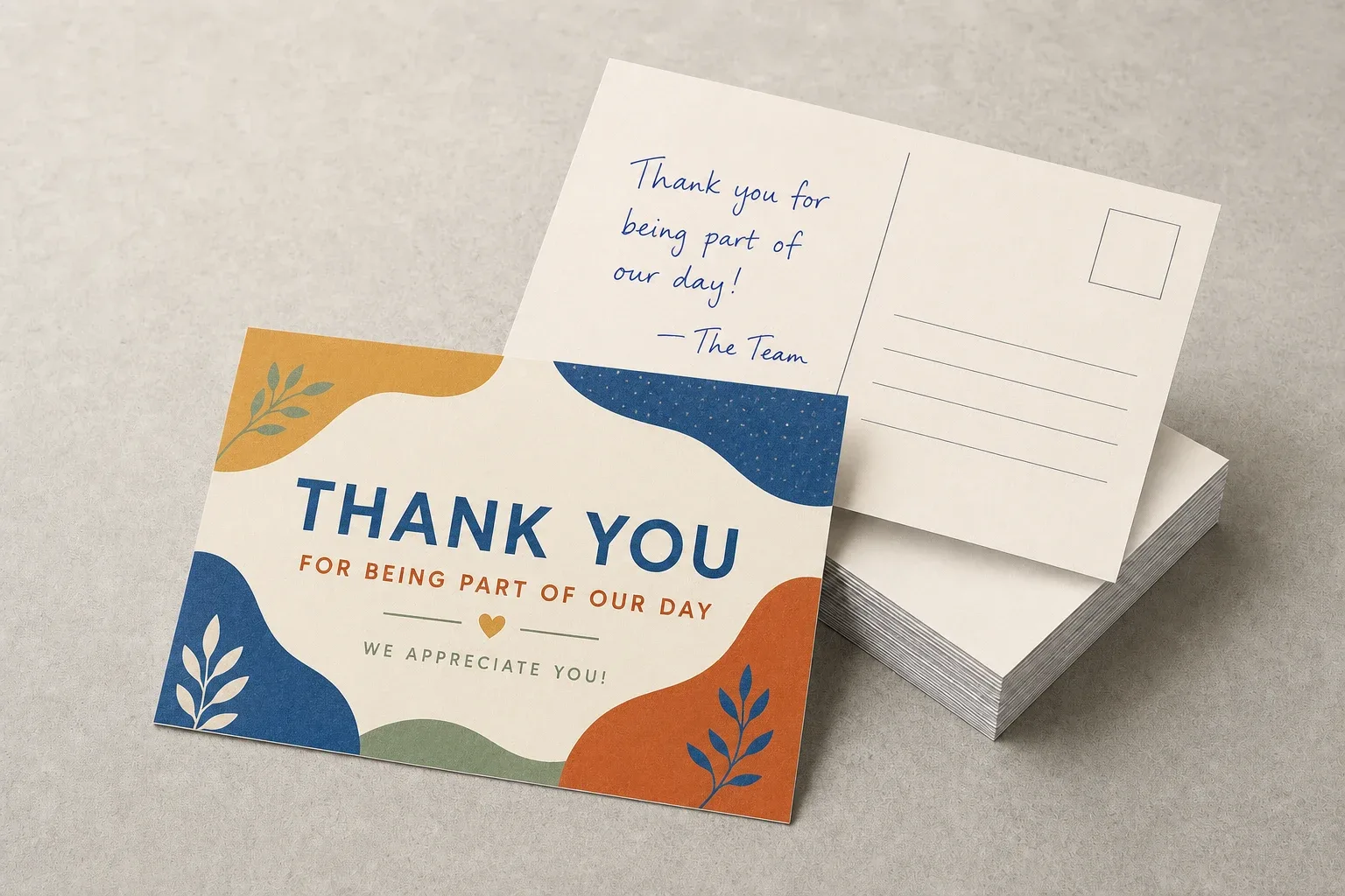 Writable postcards with a thank-you design and handwritten message