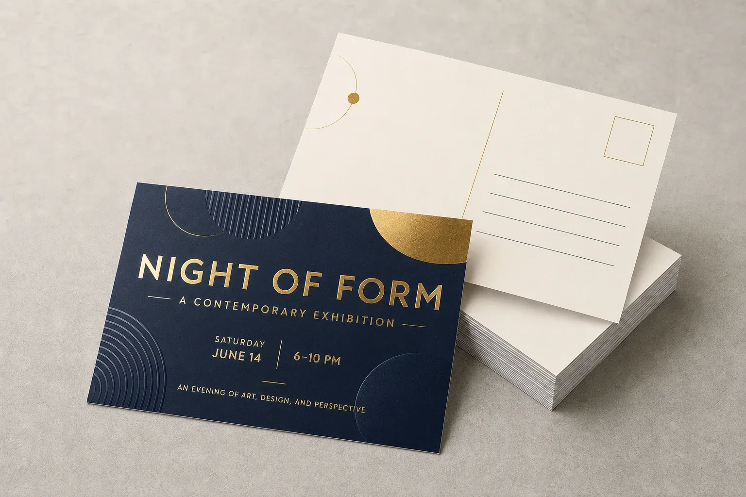 Specialty postcards with metallic gold foil and raised gloss details
