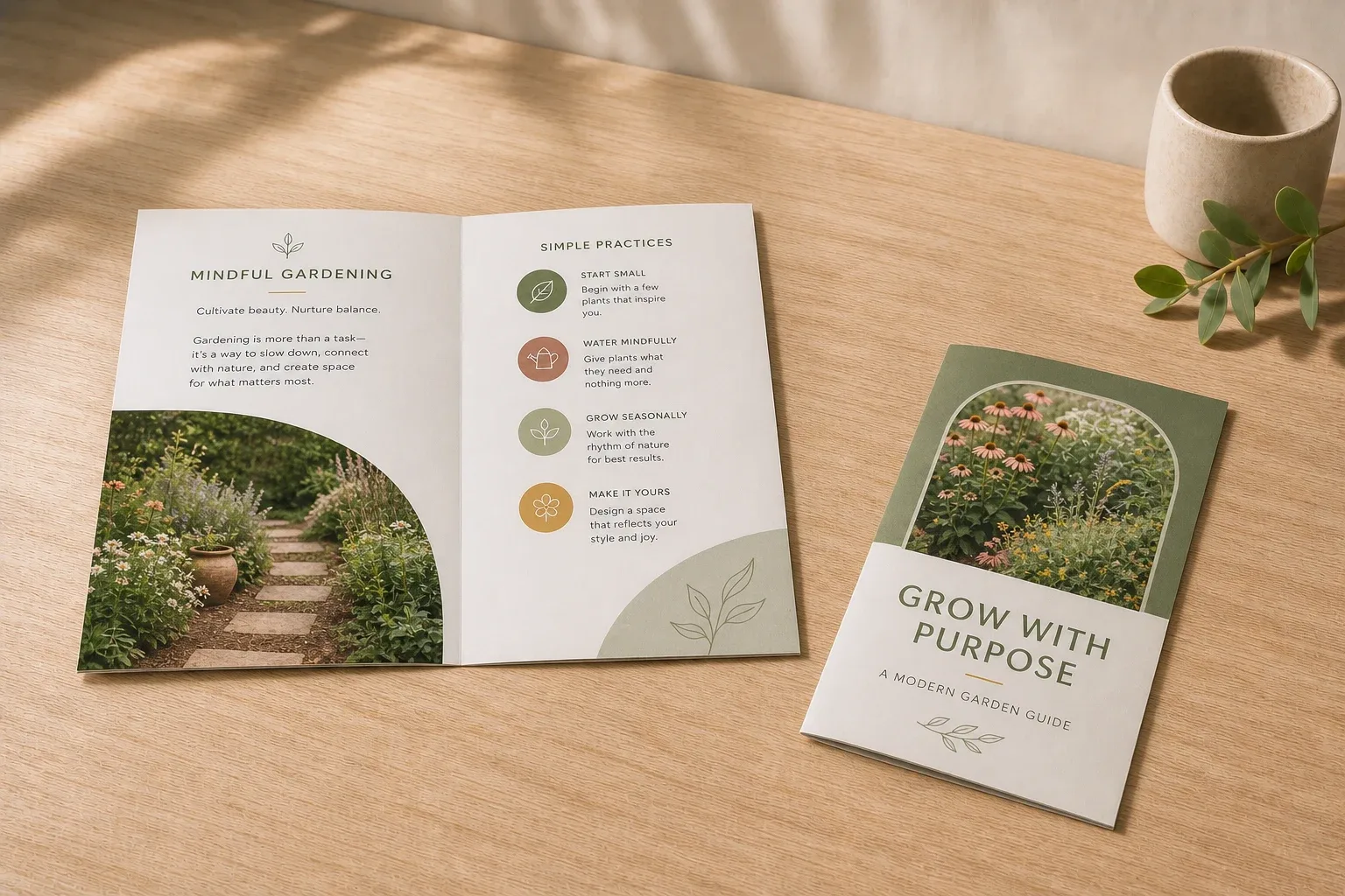 Bi-fold brochure product mockup on a warm studio desk