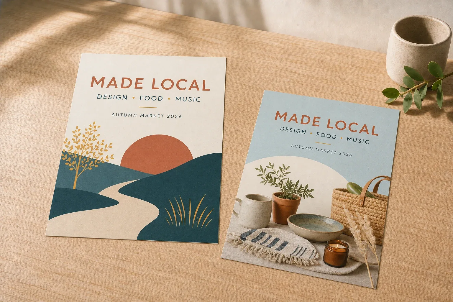 Flyer product mockup on a warm studio desk