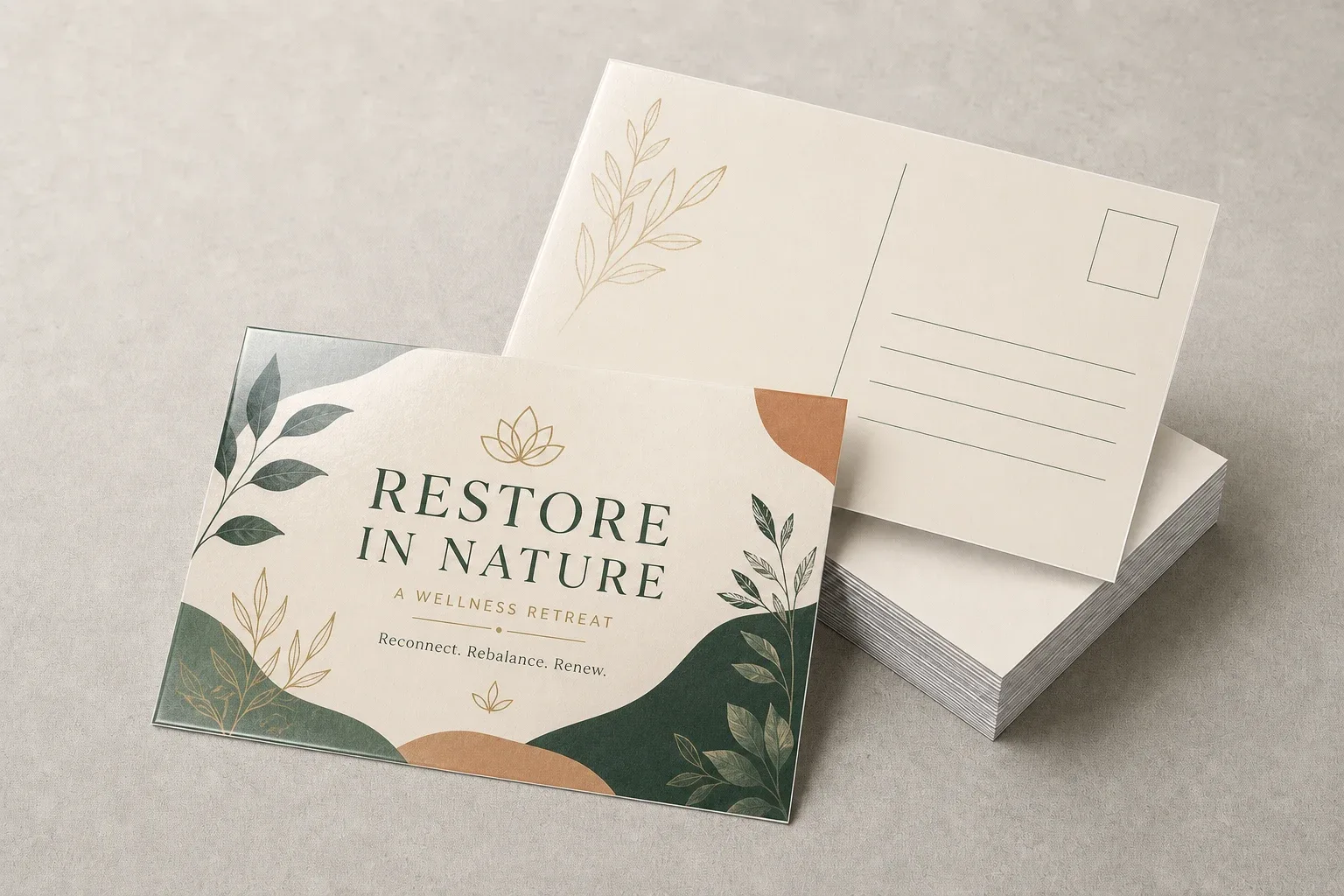 Laminated postcards with a botanical wellness design