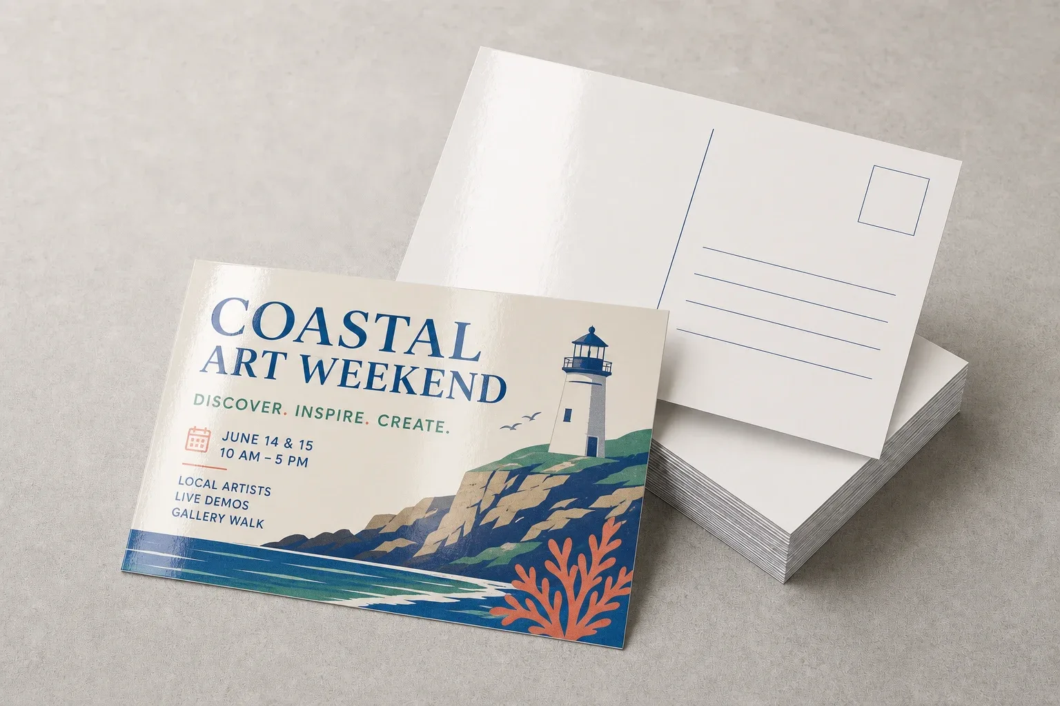 Glossy postcards with a coastal arts design