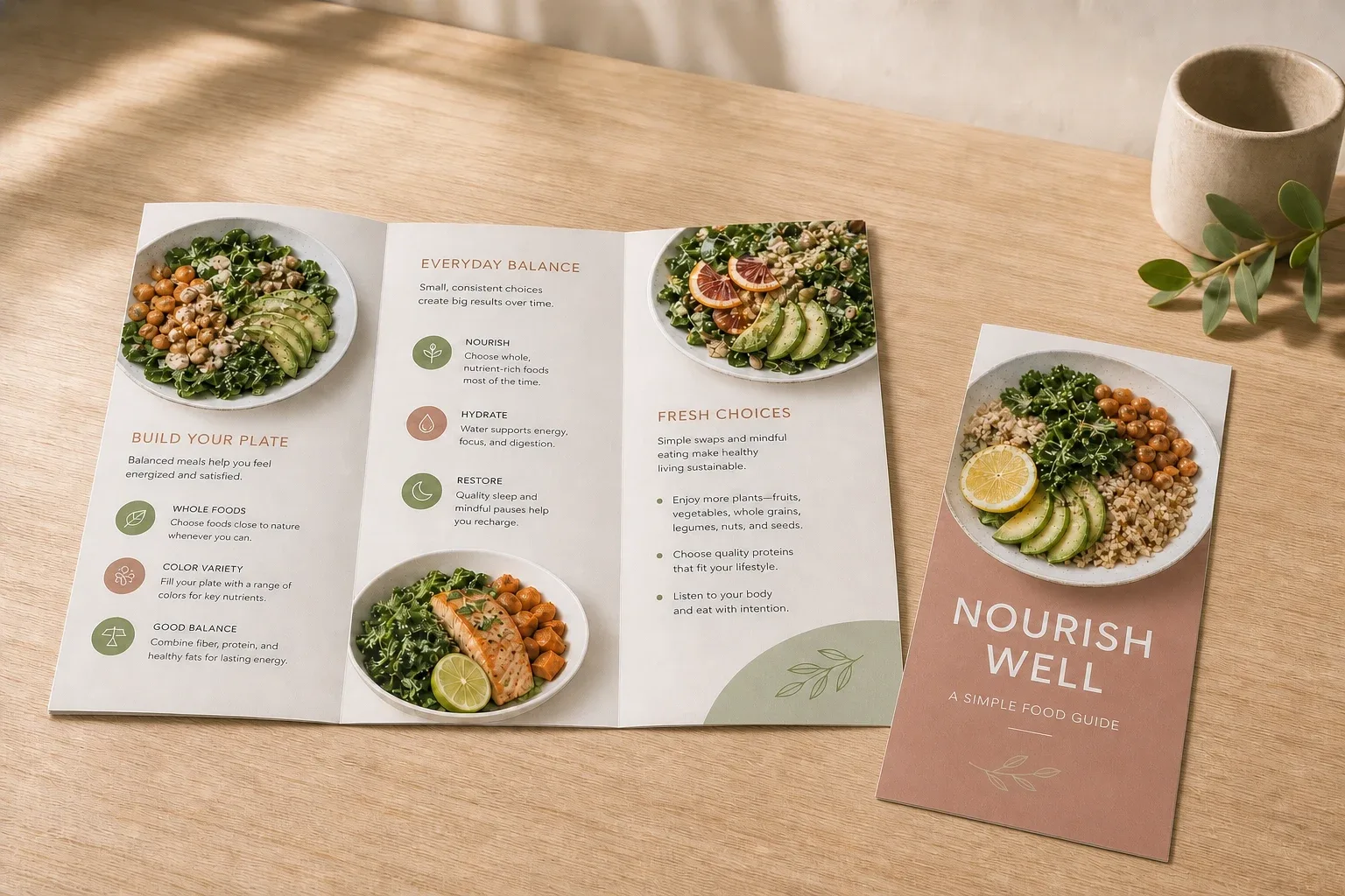 Z-fold brochure product mockup on a warm studio desk